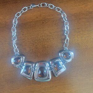 Lia Sophia/Kiam Amber Glass Cabochon/Silvertone Necklace